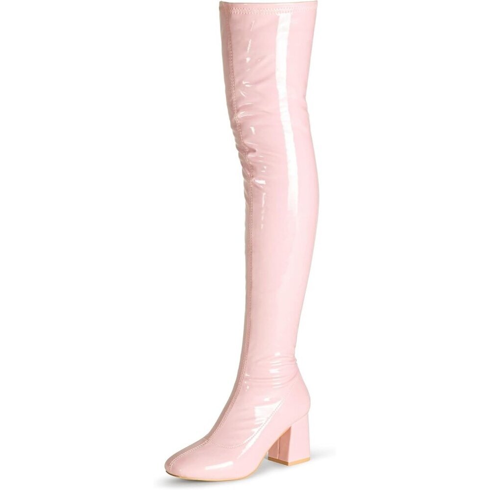 Women Pink Patent Leather PU Chunky Heel Over The Knee Square Toe Long Boot